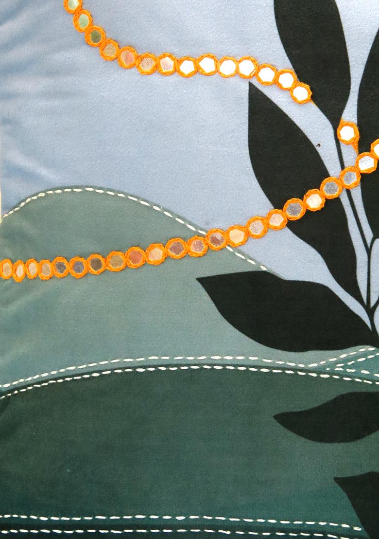 Sky Blue Mirror Work Velvet Cushion Cover (Set Of 2)