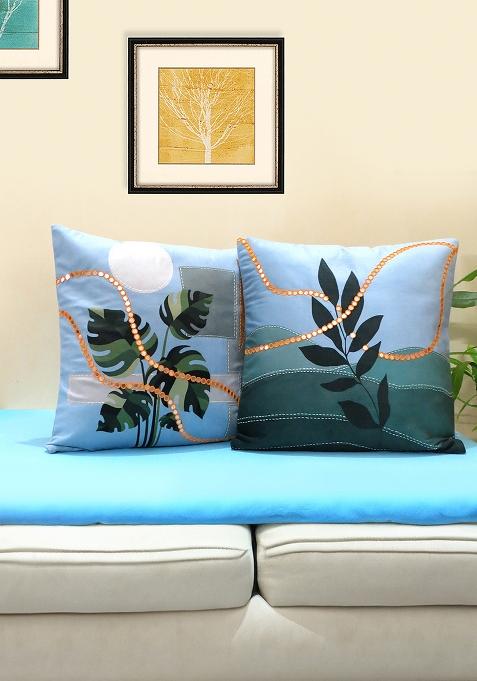 Sky Blue Mirror Work Velvet Cushion Cover (Set Of 2)
