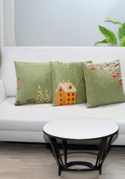 Mint Green Christmas Charm Velvet Cushion Cover (Set Of 3)