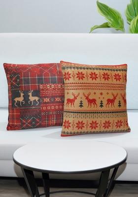 Red Festive Fusion Velvet Christmas Cushion Cover (Set Of 2)
