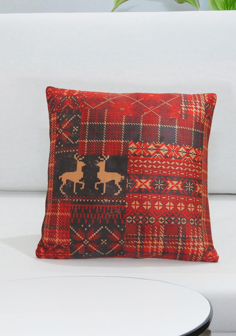 Red Festive Fusion Velvet Christmas Cushion Cover (Set Of 2)
