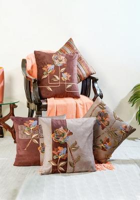 Brown Velvet Printed Infinite Petals Embroidered Cushion Cover (Set Of 5)
