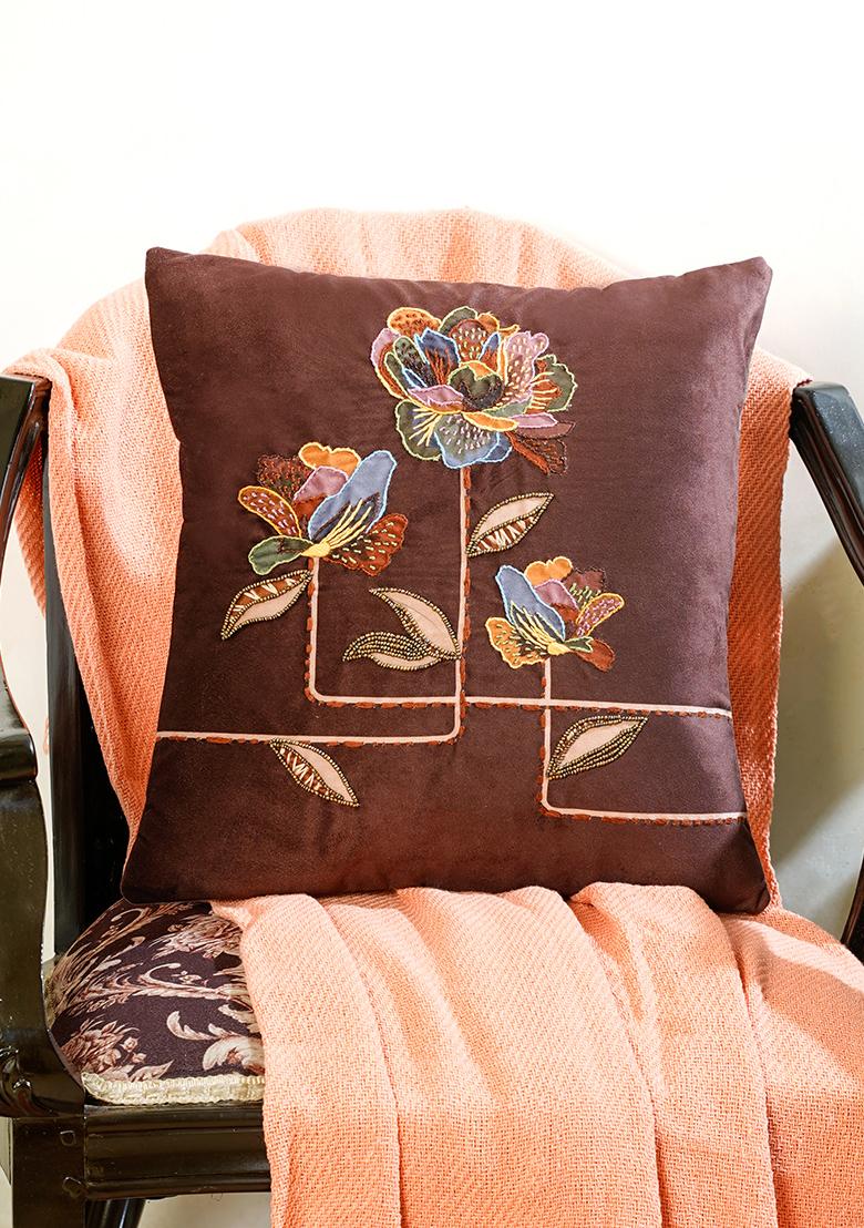 Brown Velvet Printed Infinite Petals Embroidered Cushion Cover (Set Of 5)