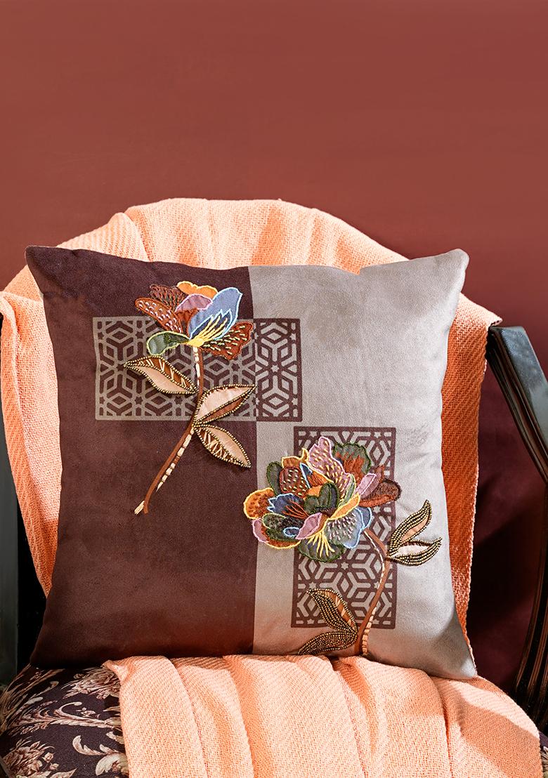 Brown Velvet Printed Infinite Petals Embroidered Cushion Cover (Set Of 5)