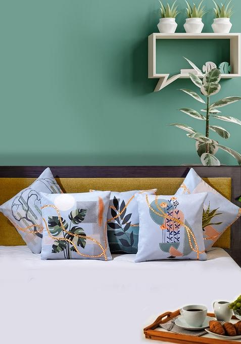 Light Blue Premium Velvet Printed Harmony Of Elements Cushion Cover (Set Of 5)