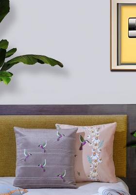 Peach Premium Velvet Embroidery Spring Blooms Cushion Cover (Set Of 2)