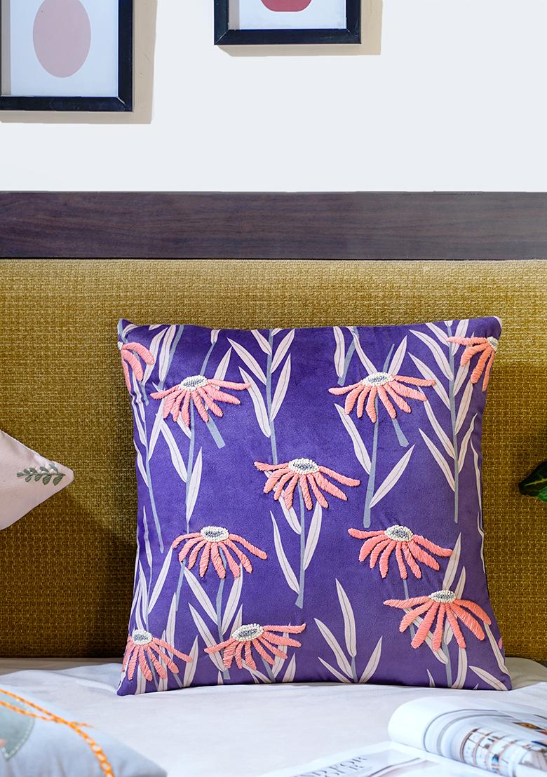 Purple Premium Velvet Printed Moonlit Garden Cushion Cover (Set Of 4)