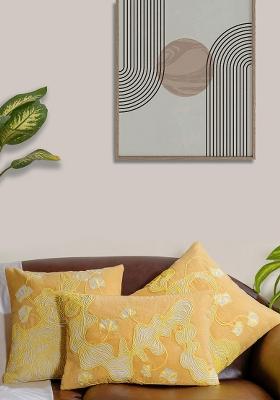 Yellow Premium Cotton Morning Floral Cushion Cover (Set Of 3)