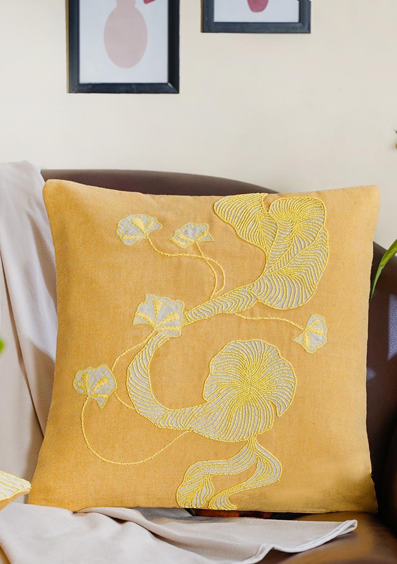 Yellow Premium Cotton Morning Floral Cushion Cover (Set Of 3)