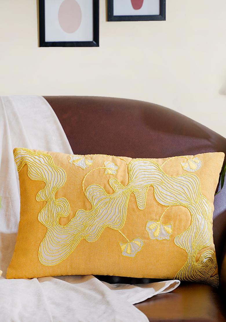 Yellow Premium Cotton Morning Floral Cushion Cover (Set Of 3)