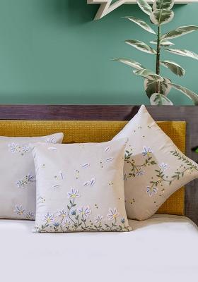 Off White Premium Velvet Embroidery Whispers Spring Cushion Cover (Set Of 3)