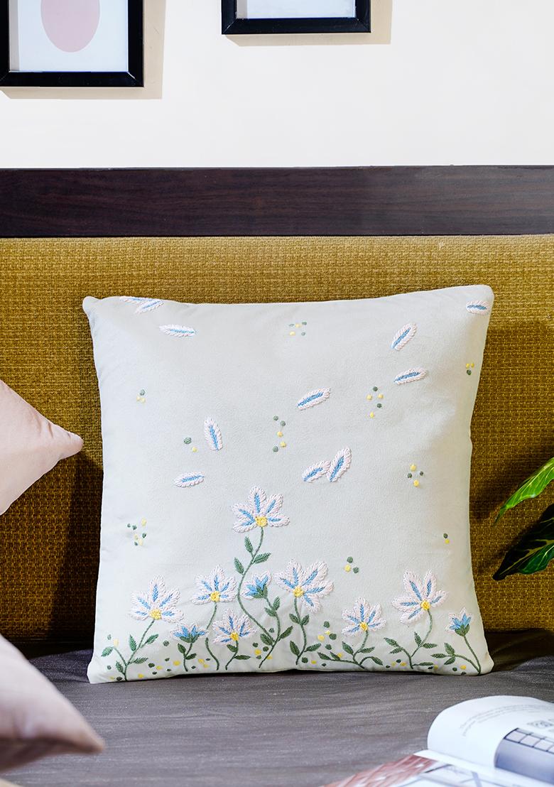 Off White Premium Velvet Embroidery Whispers Spring Cushion Cover (Set Of 3)