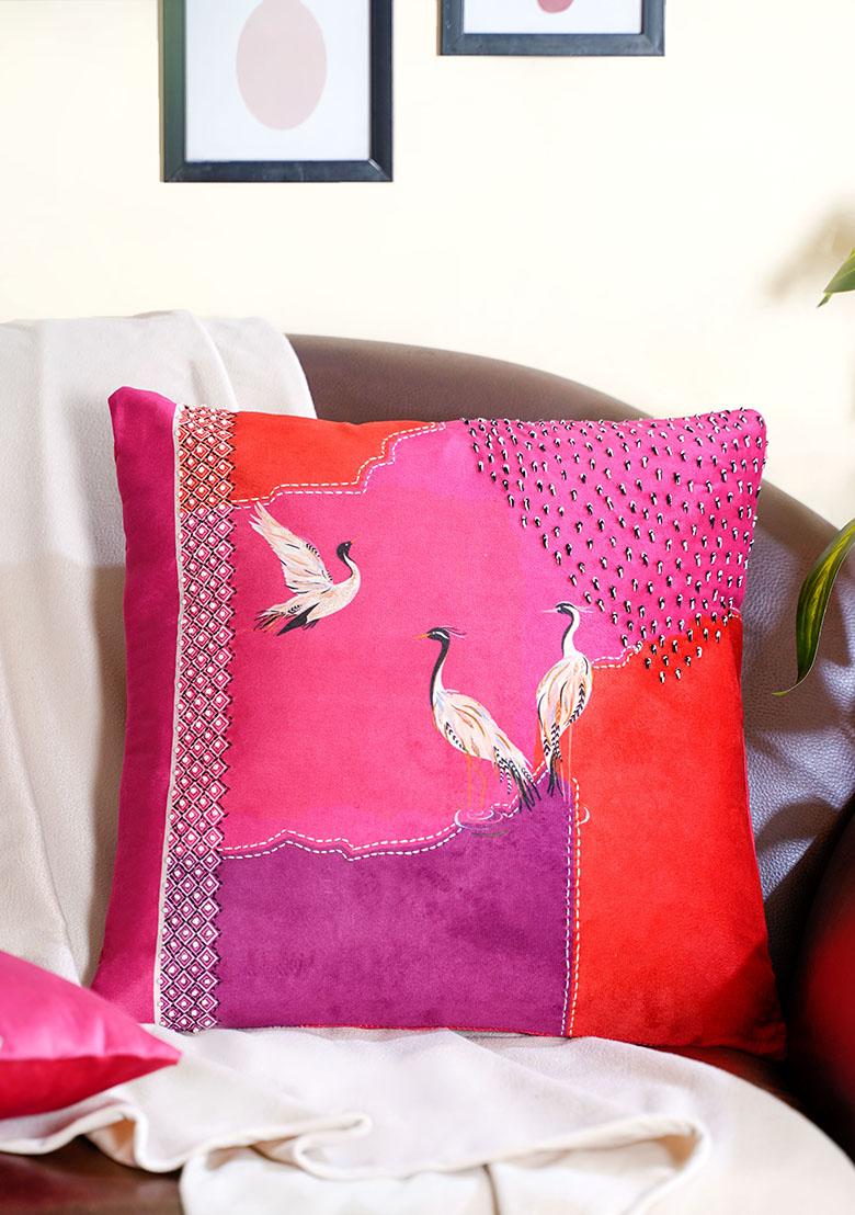 Pink Premium Velvet Printed Pure Joy Animal Cushion Cover (Set Of 3)