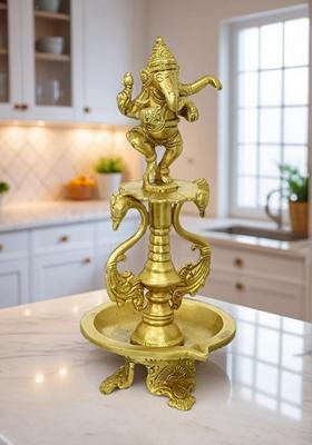 Brass Dancing Ganesha Oil Lamp Diya With Base And Two Swan Showpiece
