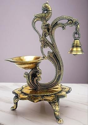 Brass Peacock Diya Stand Oil Lamp Deepak Deepam