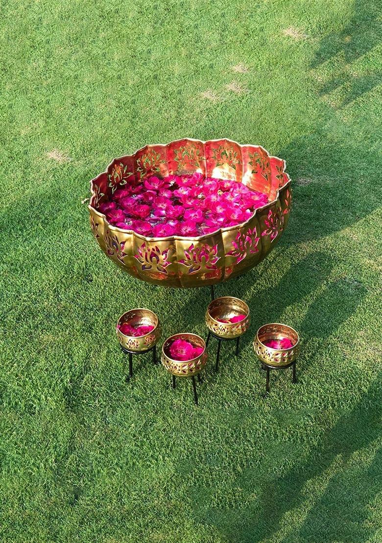Iron Lotus Urli With Stand Pot For Floating Flower Candle (Set Of 3 )