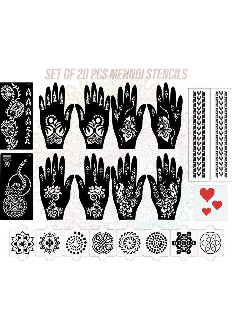 Pack Of 20 Heena Mehandi Tatto Stencils Set For Women, Girls, Teen & Kids - Indya