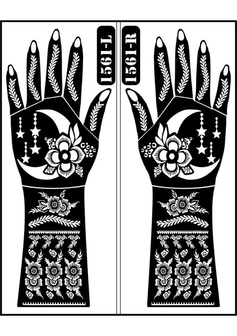 Crescent Moon And Floral Full Hand Mehndi Stencil Design - Indya