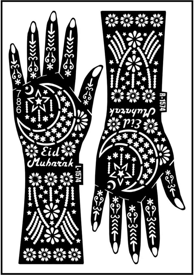 Artistic Moon, Star With Flower Art Mehndi Stencil Sticker For Full Hands - Indya