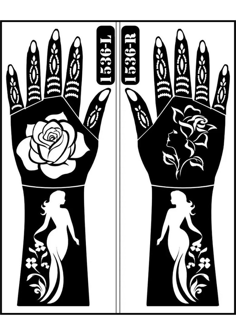 Elegant Rose Floral Full Hand Mehndi Stencil Sticker With Artistic Female - Indya
