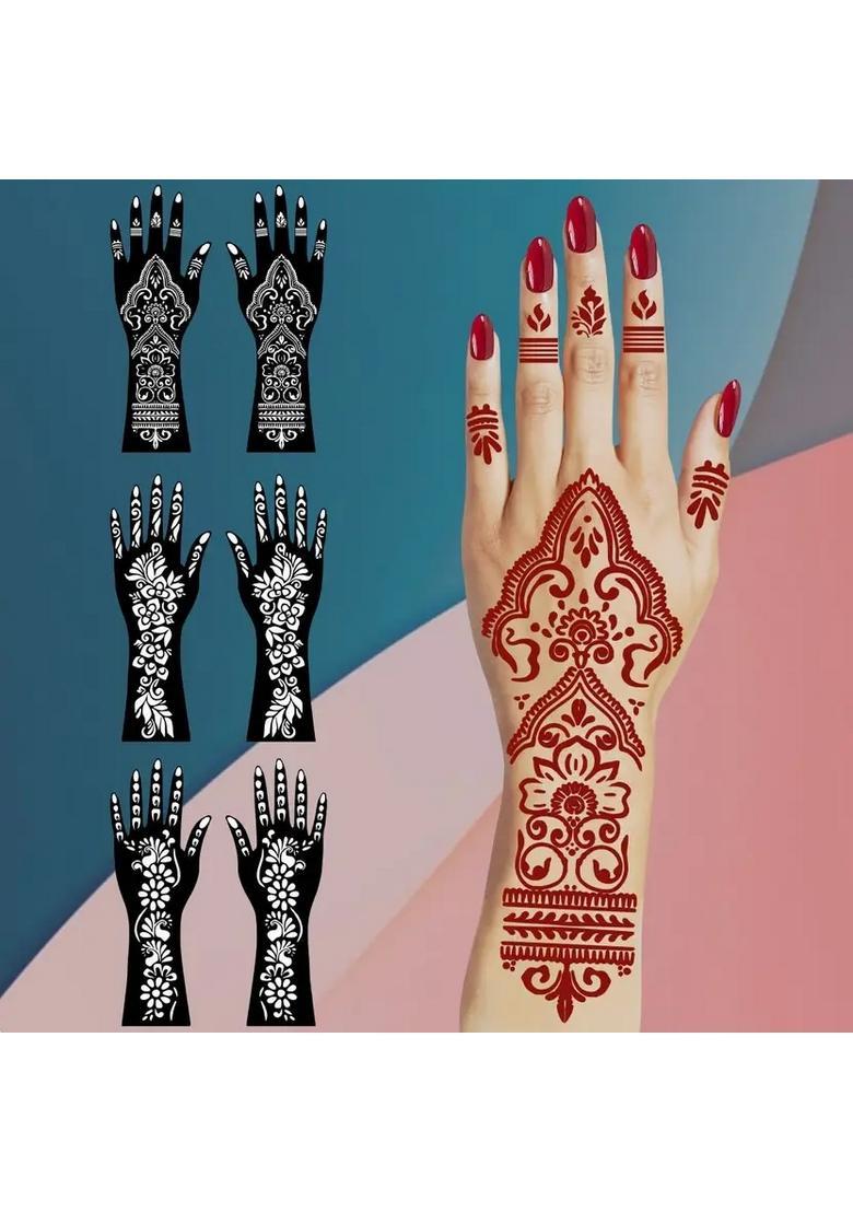 Celebration Combo Mehndi Stencil Sticker Set For Girls With Floral Inspired Hand - Indya