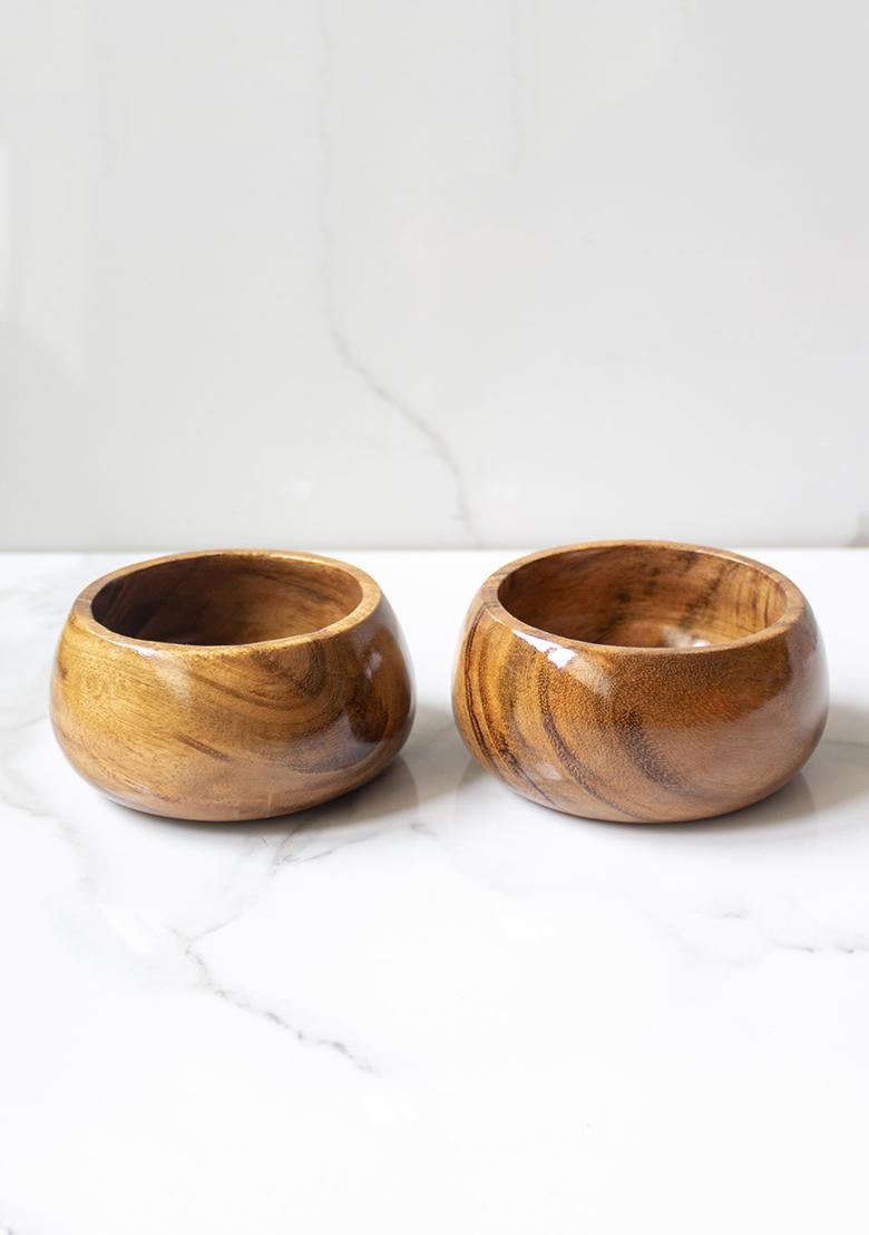 Brown Wooden Bulgy Flat Bowl (Set Of 2)