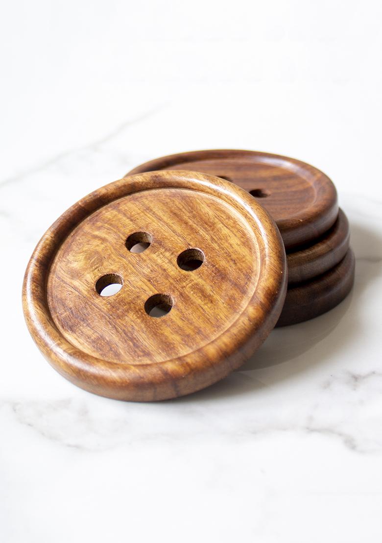 Brown Wooden Button Coasters (Set Of 4 )