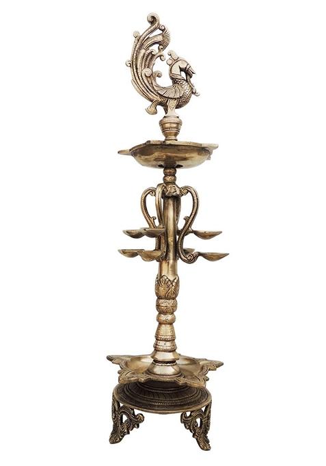 Brass Showpiece Standing Deepak With Bird Statue 