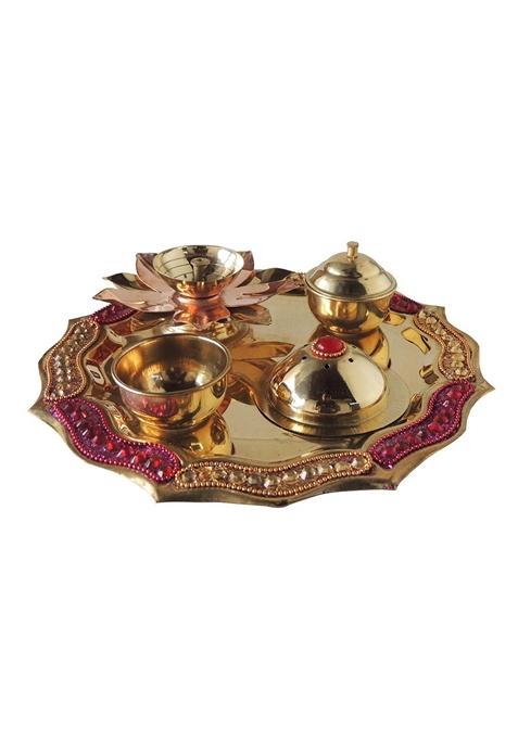 Brass Pooja thali Fancy Pink 