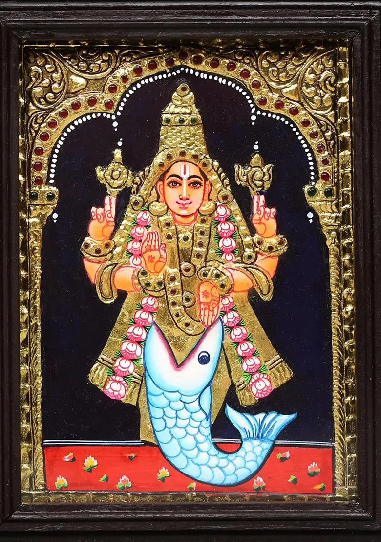 Matsya Avatar Of Lord Vishnu Tanjore Painting