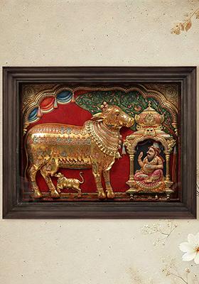 Kamadhenu With Vashist Muni Tanjore Painting Gold Embossed Art In Teak Frame