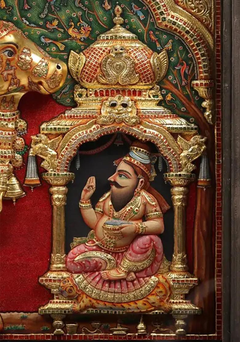 Kamadhenu With Vashist Muni Tanjore Painting Gold Embossed Art In Teak Frame