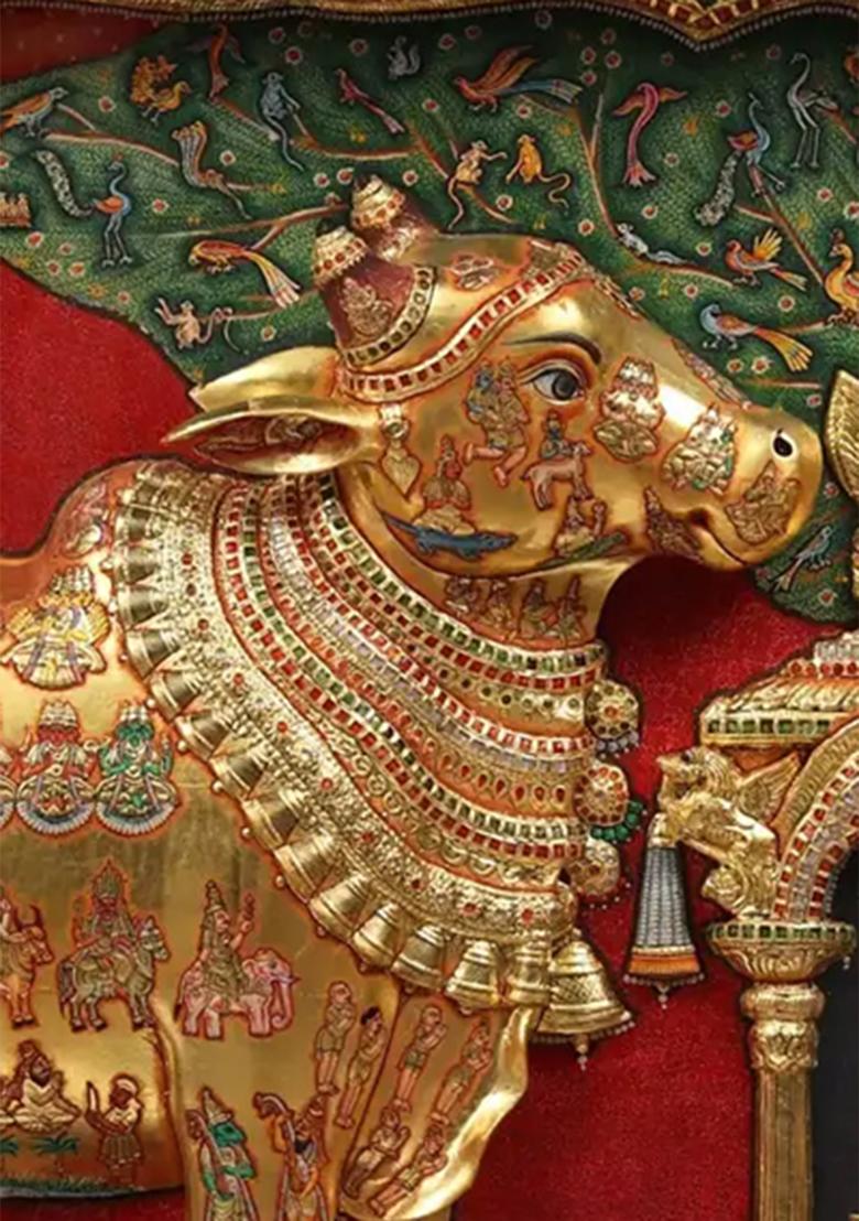 Kamadhenu With Vashist Muni Tanjore Painting Gold Embossed Art In Teak Frame