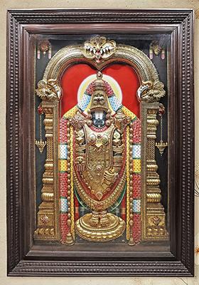 Standing Lord Tirupati Balaji Tanjore Painting 24K Gold Embossed Artwork In Teakwood Frame