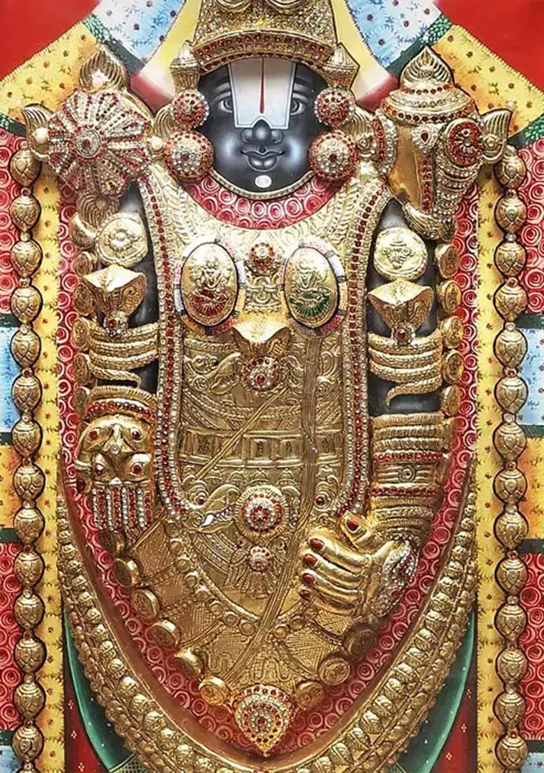 Standing Lord Tirupati Balaji Tanjore Painting 24K Gold Embossed Artwork In Teakwood Frame