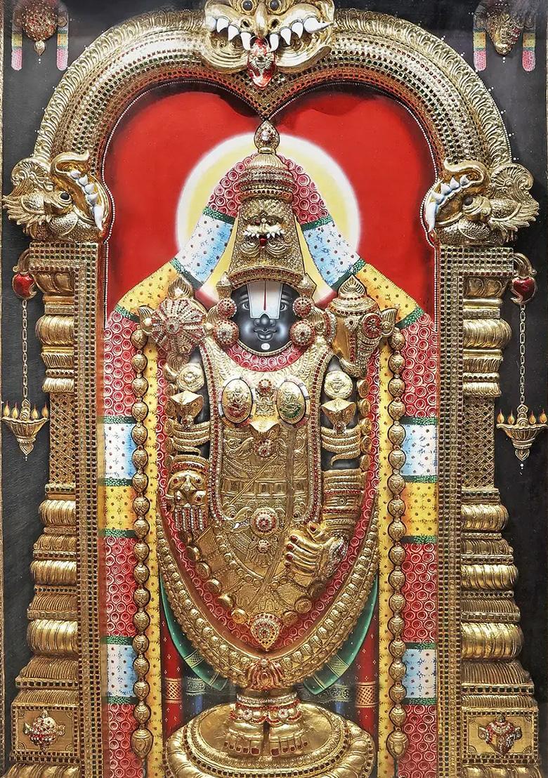 Standing Lord Tirupati Balaji Tanjore Painting 24K Gold Embossed Artwork In Teakwood Frame