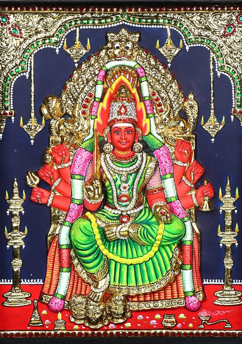 Divine Goddess Mariamman Tanjore Painting 24K Gold Embossed Masterpiece