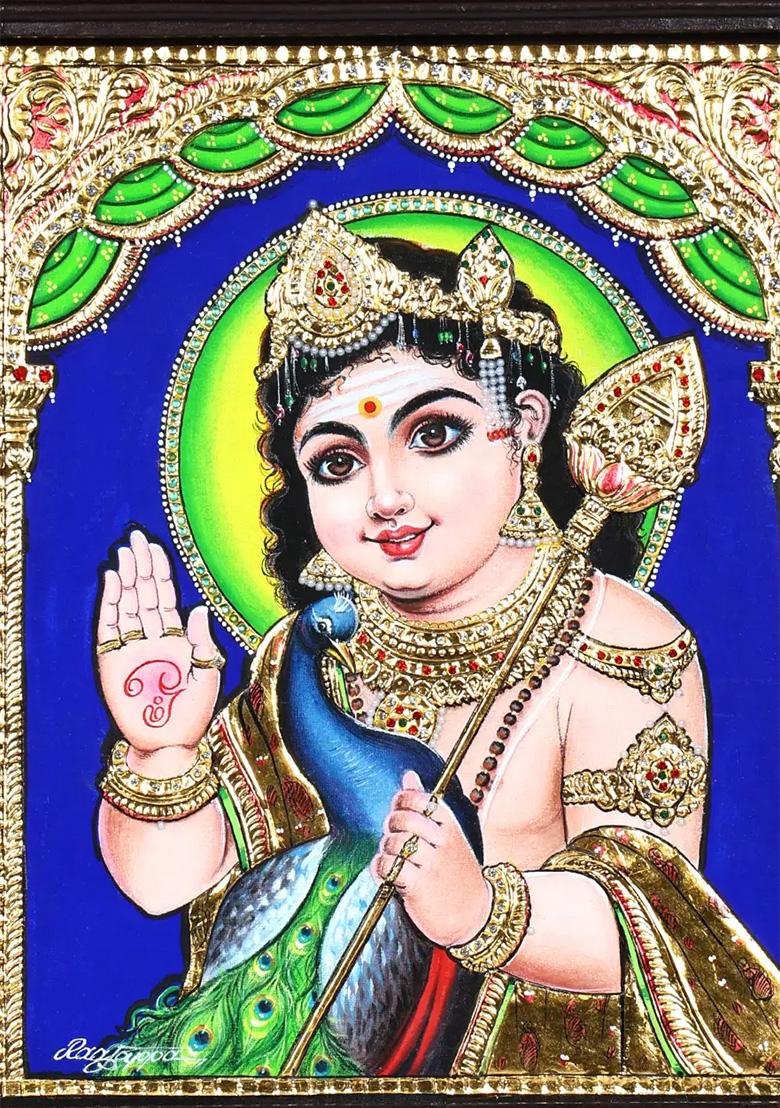 Lord Karttikeya Blessings Tanjore Painting 24K Gold Embossed Art