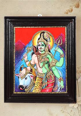 Ardhanarishvara With Nandi 24K Gold Tanjore Painting Elegant Frame
