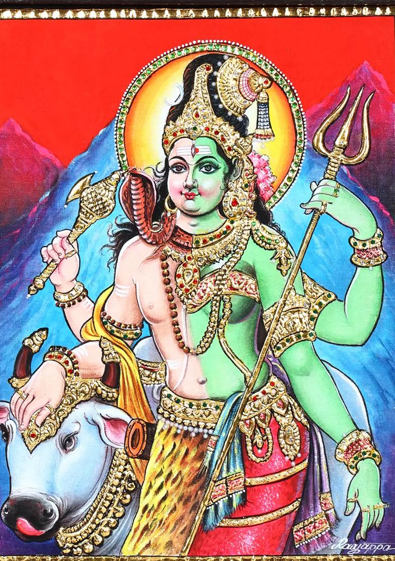 Ardhanarishvara With Nandi 24K Gold Tanjore Painting Elegant Frame