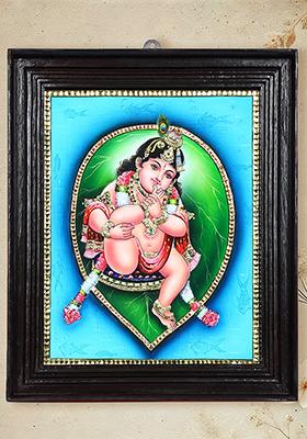 Charming Bal Gopal On Pipal Leaf 24K Gold Tanjore Painting Krishna Artwork