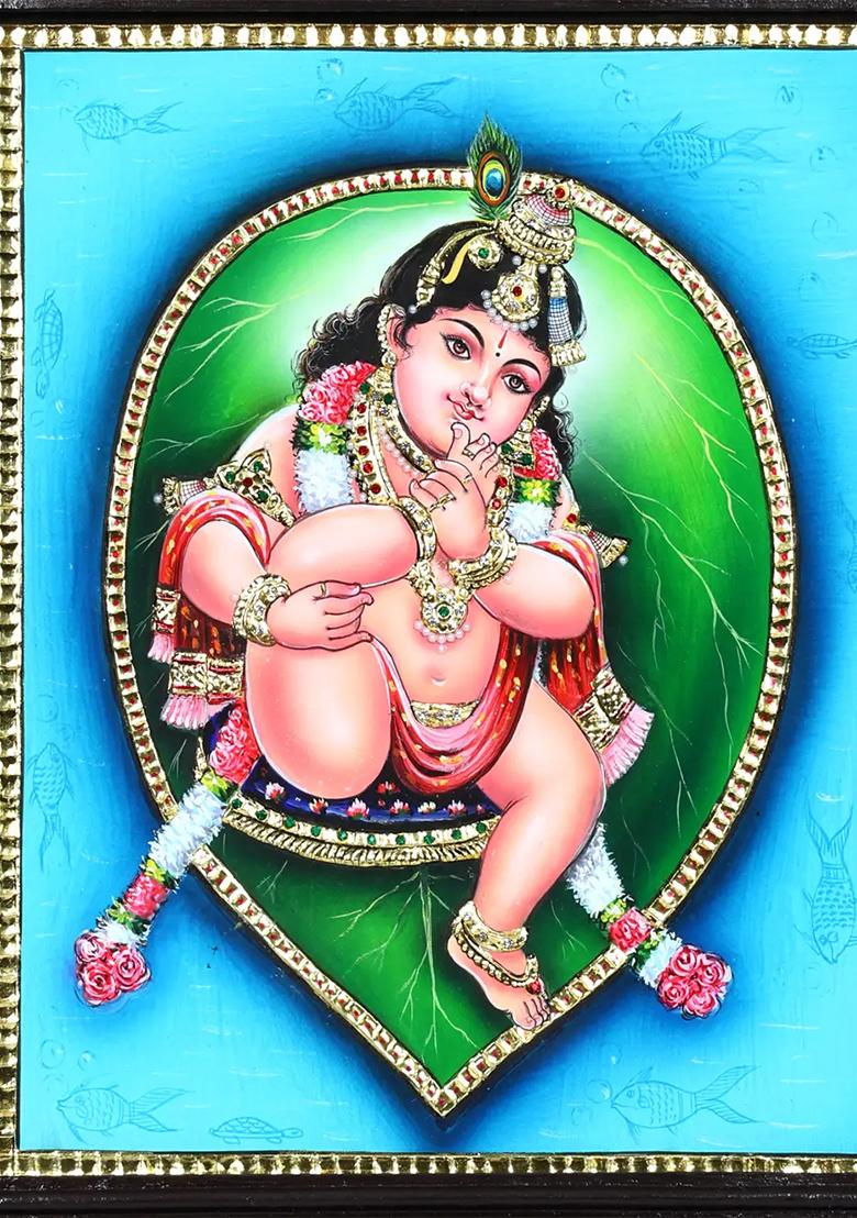 Charming Bal Gopal On Pipal Leaf 24K Gold Tanjore Painting Krishna Artwork