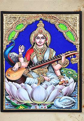 Goddess Saraswati On Shwet Kamal Tanjore Painting With 24 Karat Gold