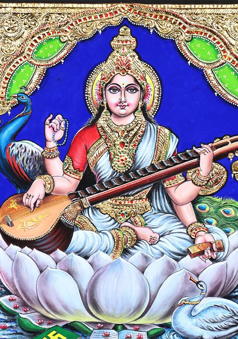 Goddess Saraswati On Shwet Kamal Tanjore Painting With 24 Karat Gold