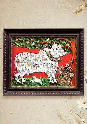 Goddess Kamadhenu Worshipped By Vashista Muni Tanjore Painting With 24 Karat Gold
