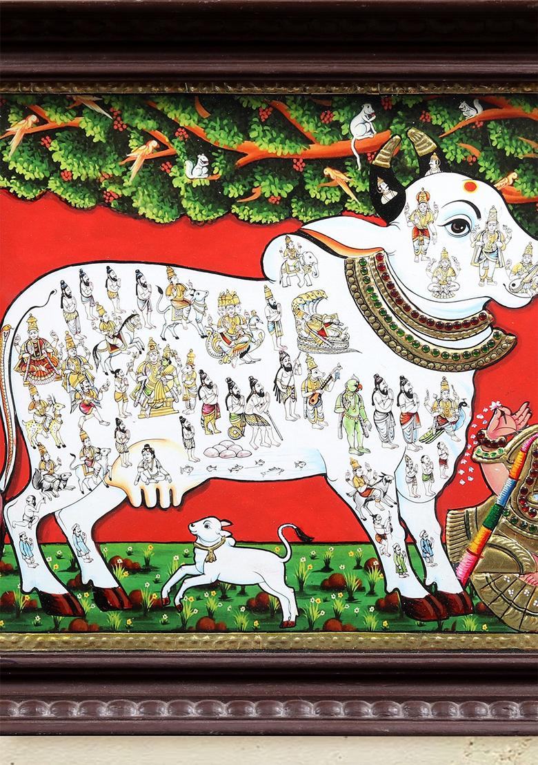 Goddess Kamadhenu Worshipped By Vashista Muni Tanjore Painting With 24 Karat Gold