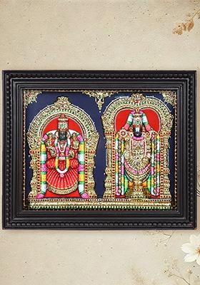 Lord Venkateshvara Tirupati Balaji With Goddess Padmavathi Tanjore Painting 24 Karat Gold