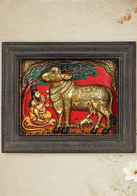 Vashista Muni Worshipping Goddess Kamadhenu Tanjore Painting With Embossed 24 Karat Gold