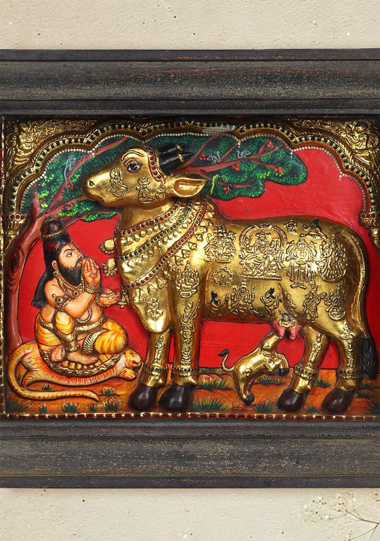 Vashista Muni Worshipping Goddess Kamadhenu Tanjore Painting With Embossed 24 Karat Gold