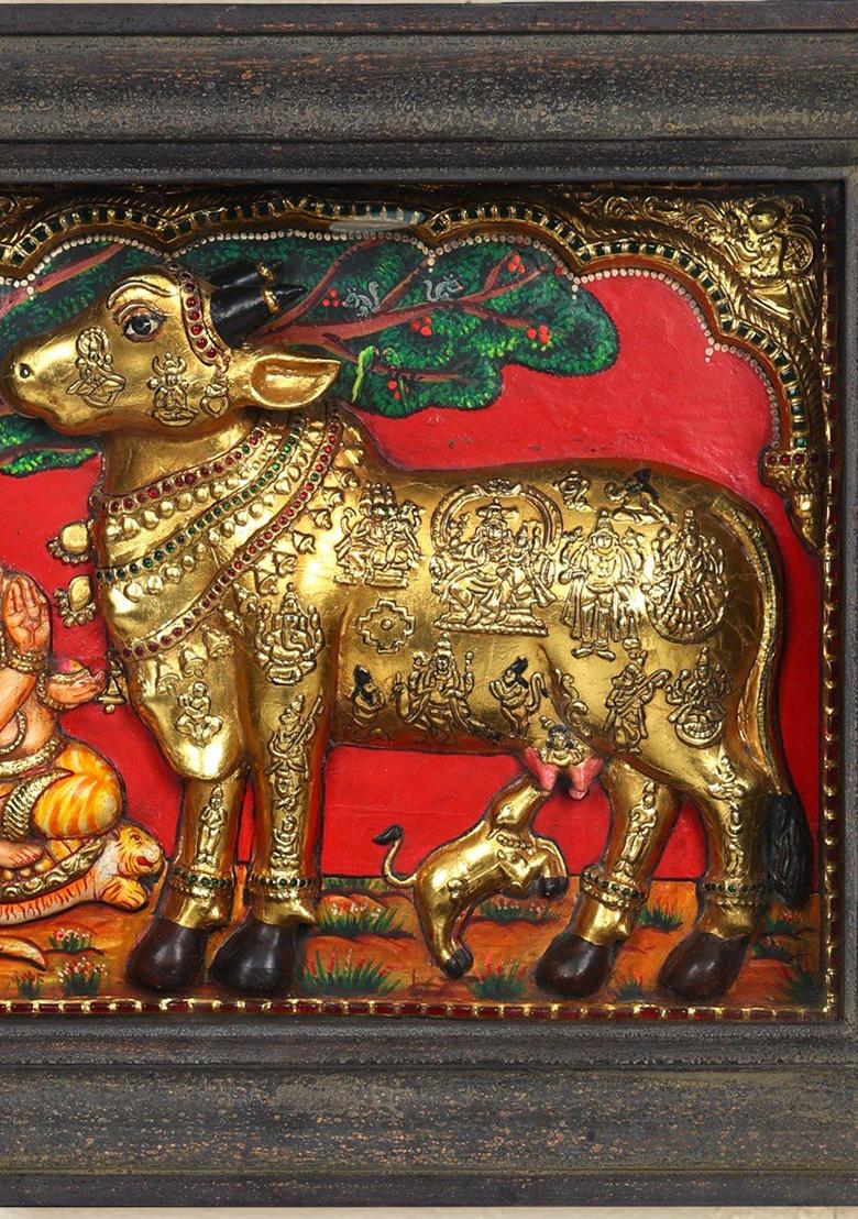 Vashista Muni Worshipping Goddess Kamadhenu Tanjore Painting With Embossed 24 Karat Gold